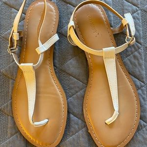 White & Tan T-strap Sandals